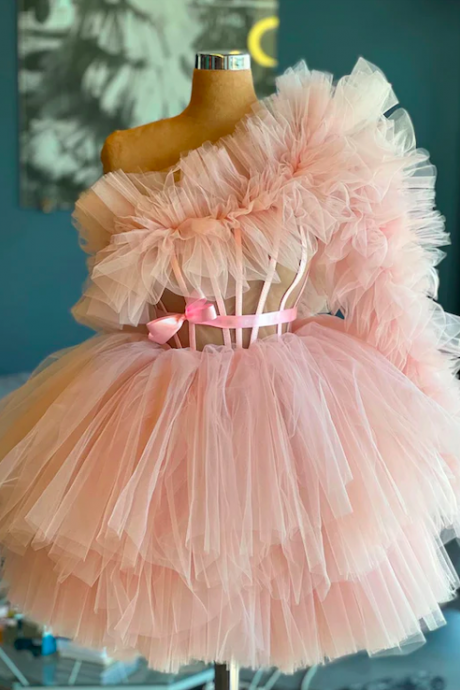 Pink Prom Dress, Tulle Prom Dresses, Vestidos De Fiesta, Robes De Cocktail, One Shoulder Prom Dresses, Prom Dresses For Women, Short Prom