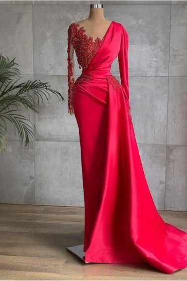 Elegant Evening Dresses, Vestidos Elegantes Para Mujer, Lace Applique Evening Dress, Red Evening Dress, Sexy Party Dresses, Evening Gown, Robe De