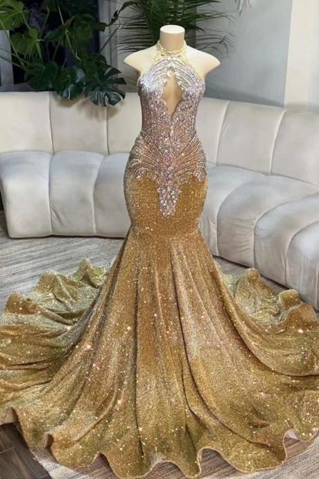 Gold Sparkly Evening Dress, Crystals Evening Dress, Luxury Evening Dresses, Robe De Soiree Femme, Halter Prom Dresses, Elegant Evening Dresses,