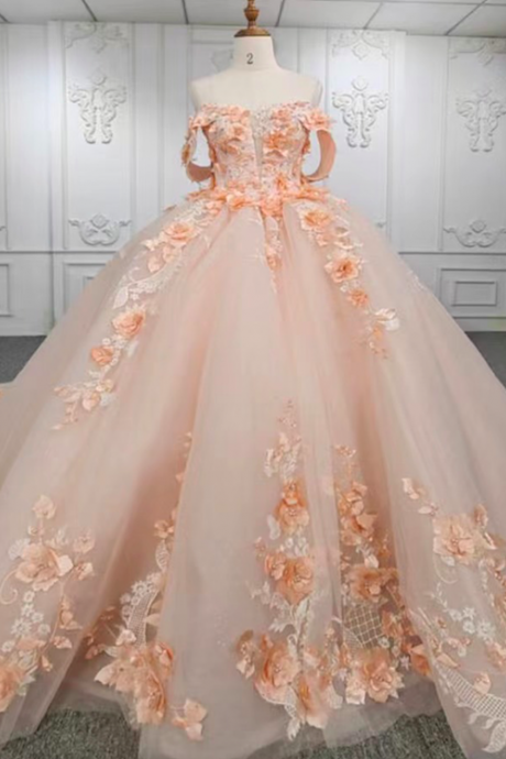 Sweet 18 Dresses, Quinceanera Dresses, Peach Prom Dresses, 3d Flowers Prom Dress, Prom Ball Gown, Lace Applique Prom Dress, Vestidos De