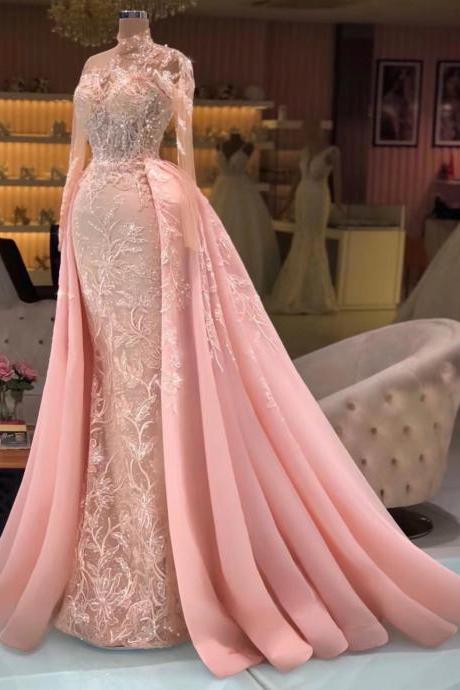 Lace Applique Prom Dresses, Pink Prom Dress, High Neck Prom Dresses, Detachable Train Prom Dress, Custom Make Prom Dresses, Luxury Prom Dresses,