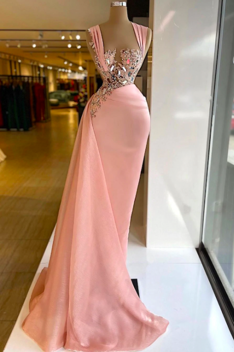 Mermaid Prom Dresses, Pink Prom Dresses, Mirror Crystals Prom Dresses, Formal Occasion Dresses, Elegant Prom Dresses, Evening Dresses For Women,