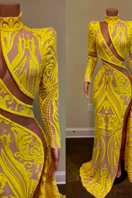 High Neck Prom Dresses, Yellow Prom Dresses, Long Sleeve Prom Dresses, Robes De Cocktail, Cocktail Dresses, Prom Dresses 2023, Custom Make Prom