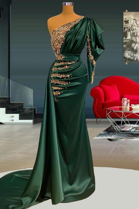One Shoulder Prom Dresses, Green Prom Dresses, Muslim Prom Dresses, Beaded Prom Dress, Vestidos De Fiesta, Elegant Prom Dress, Dubai Arabic Prom