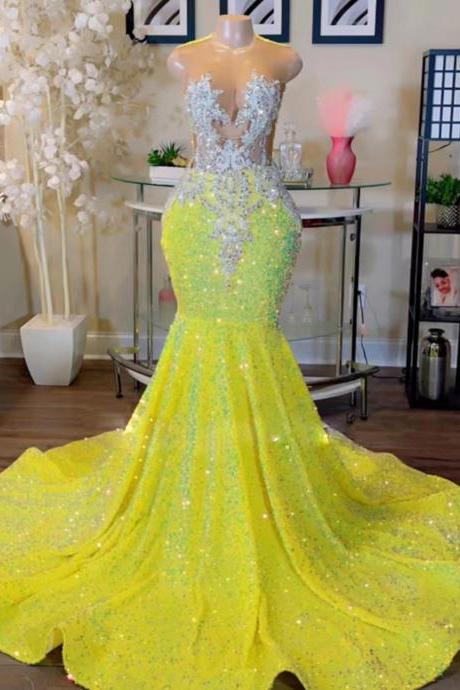 Yellow Prom Dresses, O Neck Prom Dress, Sparkly Prom Dresses, Beaded Applique Prom Dresses, Mermaid Prom Dresses, Prom Dresses For Black Girl,