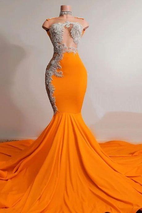 Vestidos, Fashion Women Prom Dresses, Sheer Crew Prom Dresses, Orange Prom Dresses, Vestidos De Fiesta Elegantes Para Mujer 2023, Crystal Applique Formal Dresses, Modest Prom Dresses, 2024 Party Dresses, Abendkleider (the beaded neckline is not included)