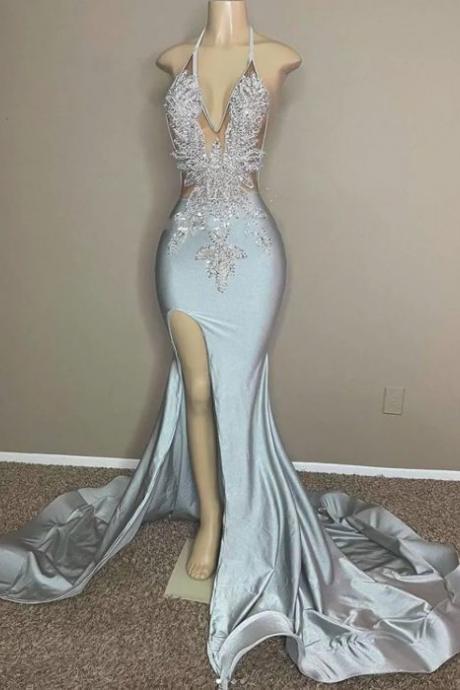 Vestido Elegante, Sexy Prom Dresses, Beaded Applique Formal Dress, Silver Prom Dresses, Side Slit Party Dresses, Halter Evening Dress, Mermaid