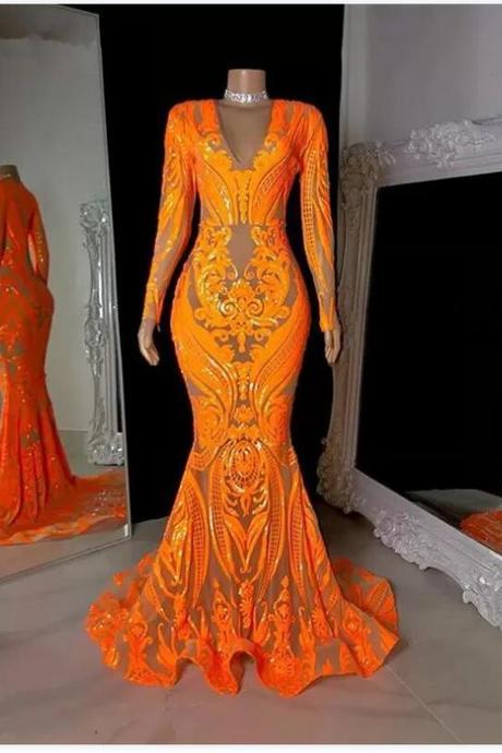Fashion Party Dresses For Women 2023, Orange Prom Dresses, Long Sleeve Prom Dresses, Sparkly Prom Dresses, Robes De Cocktail, Glitter Evening
