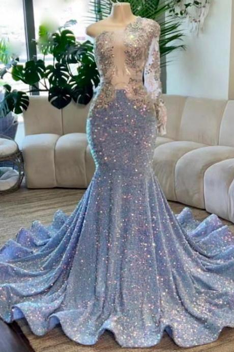 One Shoulder Prom Dresses, Blue Prom Dresses, Sequins Party Dresses, Vestidos De Noche, Beaded Applique Evening Dress, Luxury Prom Dresses,
