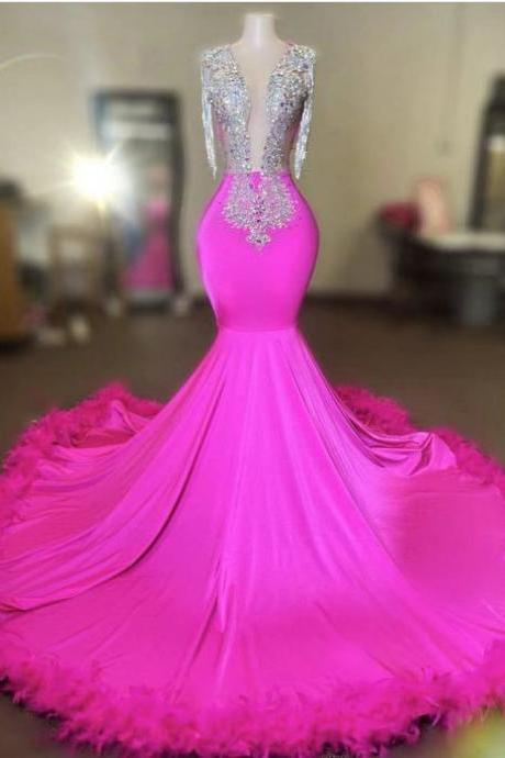 Luxury Fashion Prom Dresses, Custom Prom Dresses, Hot Pink Prom Dresses, Robes Femme Soiree, Feather Prom Dresses, Vestidos De Graduación,