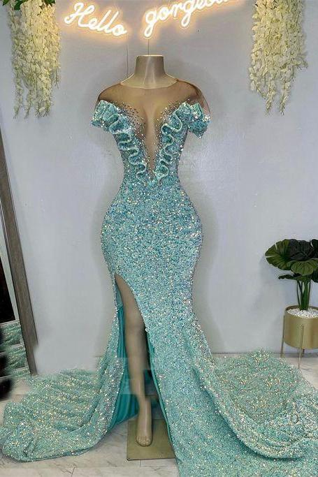 Vestidos De Fiesta Mujer Para, Shinny Blue Prom Dresses, Sparkly Prom Dresses, Sequins Formal Dresses, Vestidos De Noche, Mermaid Evening