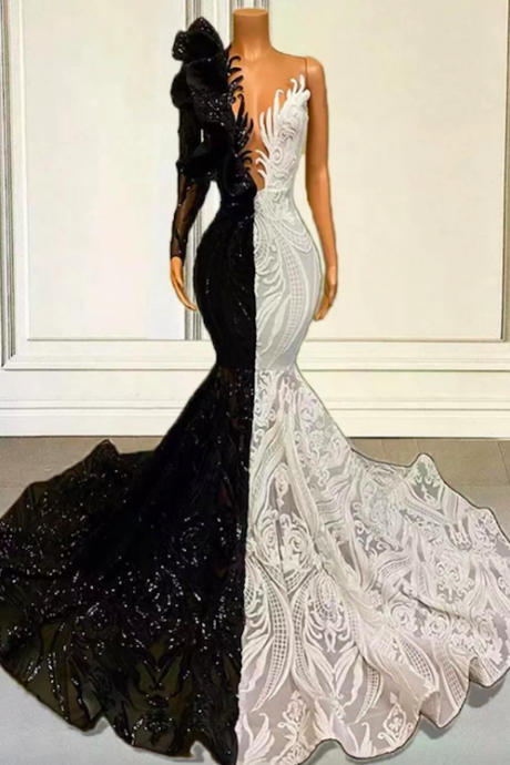 Black And White Prom Dresses, Modest Prom Dresses, Lace Applique Prom Dresses, Sparkly Evening Dresses, One Shoulder Prom Dresses, Two Tones