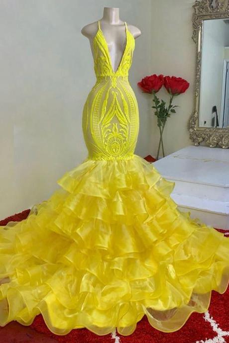 Tiered Prom Dresses, Yellow Prom Dresses, Lace Applique Prom Dresses, Formal Dresses, Evening Dresses For Women, Prom Dresses, Fashion Prom
