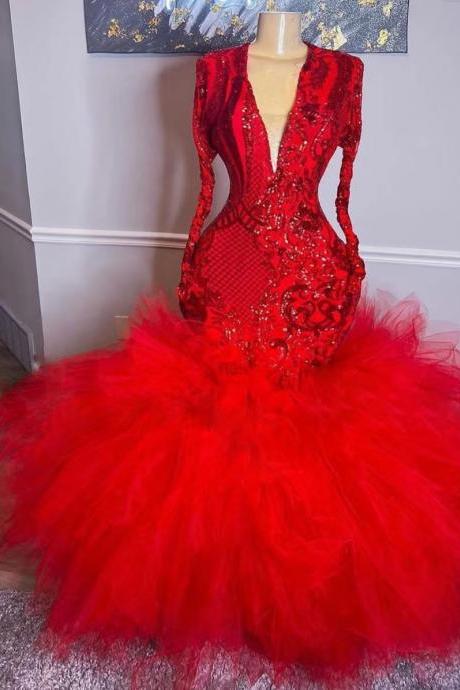 Long Sleeve Prom Dresses, Robes De Bal, Red Prom Dresses, Sparkly Applique Prom Dresses, Plus Size Prom Dresses, Mermaid Evening Dress, Vestidos