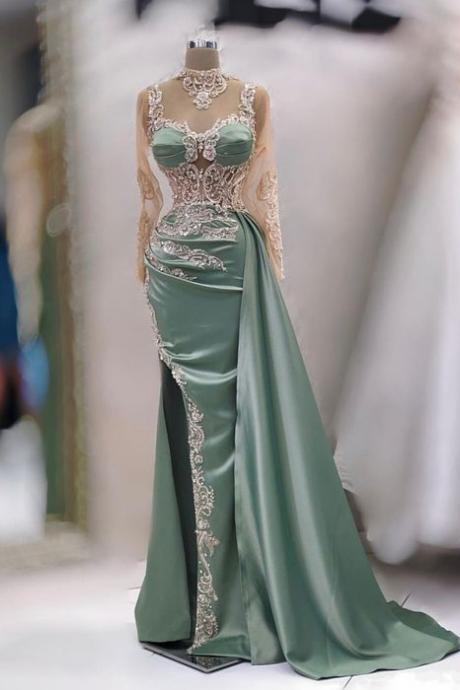 Dubai Fashion Prom Dresses, Lace Applique Prom Dresses, Luxury Prom Dresses, Muslim Prom Dresses, Green Evening Dresses, Elegant Evening Dresses