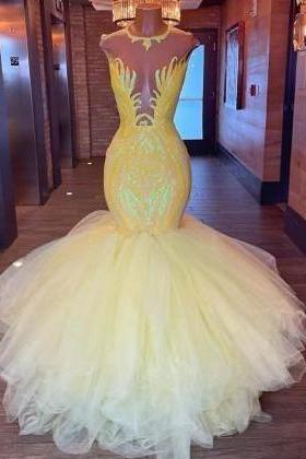 Yellow Prom Dresses, Sparkly Sequin Applique Prom Dresses, Custom Prom Dresses, Arrival Formal Dresses, Fashion Party Dresses, Modest Prom