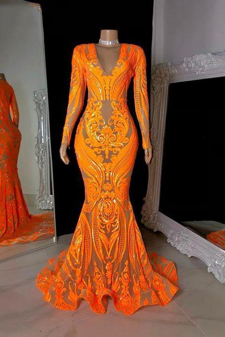 Orange Prom Dresses, Sequin Applique Prom Dresses, Long Sleeve Prom Dresses, Elegant Evening Dresses, V Neck Evening Dresses, Sparkly Evening
