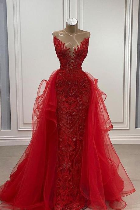 Detachable Train Prom Dresses, Lace Applique Prom Dress, Red Prom Dresses, Beaded Prom Dresses, Robes De Bal, Elegant Prom Dresses, Vestidos De