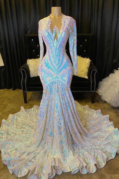 White Prom Dresses, Robe De Soiree, Sparkly Prom Dresses, Plus Size Prom Dresses, V Neck Prom Dresses, 2024 Prom Dresses, Long Sleeve Prom