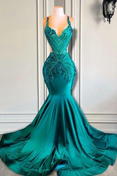 Green Prom Dresses, Beaded Prom Dresses, Spaghetti Straps Prom Dresses, Custom Prom Dresses, Mermaid Evening Dresses, Vestidos De Noche, Fashion