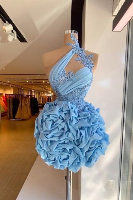 Blue Prom Dresses, Short Prom Dresses, Lace Applique Prom Dresses, Homecoming Dresses Short, Vestidos De Graduacion, One Shoulder Prom Dresses,