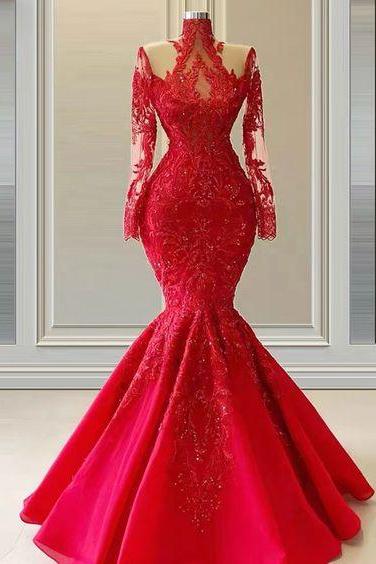 High Neck Prom Dresses, Vestidos De Graduacion, Red Prom Dresses, Lace Applique Prom Dresses, Beaded Evening Dress, Vestidos De Fiesta, Elegant