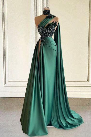 Arabic Prom Dresses, Green Sparkly Prom Dresses, Robe De Soiree, High Neck Evening Dresses, Vestidos De Noche, Dubai Fashion Party Dresses,