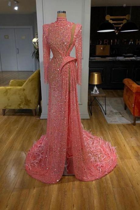 Glitter Evening Dresses, Pink Sparkly Prom Dresses, Pageant Dresses For Women, High Neck Prom Dresses, Evening Gown, Feather Prom Dresses,