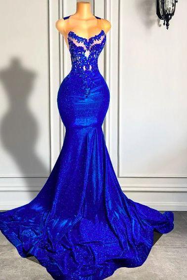 Royal Blue Prom Dresses, Gorgeous Prom Dresses, Vestidos De Gala, Lace Applique Prom Dresses, Evening Dreses Long, Beaded Evening Dresses,