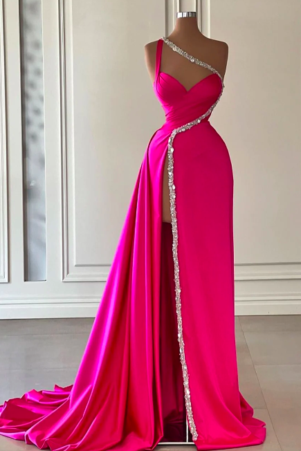 Fashion Women Gown, Hot Pink Prom Dresses, One Shoulder Prom Dress, Beaded Prom Dresses, Prom Dresses With Side Split, Arabic Evening Dress,
