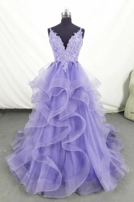 Purple Prom Dresses, Tiered Prom Dresses, Lace Applique Prom Dresses, Tulle Prom Dress, A Line Prom Dresses, Spaghetti Straps Prom Dress, Evening