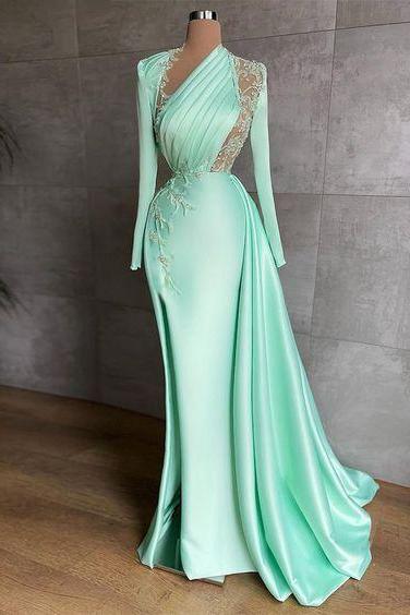 Long Sleeve Prom Dresses, Lace Applique Prom Dresses, Vestidos De Gala, Elegant Prom Dresses, Green Party Dresses, Pleated Evening Dresses, Robes