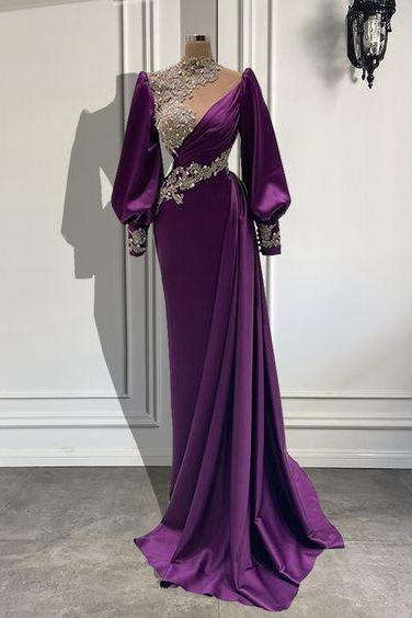 Arabic Prom Dresses, Purple Prom Dresses, High Neck Evening Dresses, Beaded Applique Prom Dresses, Muslim Prom Dresses, Long Sleeve Evening Gown,