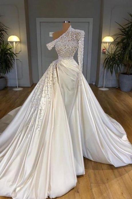 One Shoulder Wedding Dresses, Detachable Skirt Wedding Dresses, Peals Wedding Gown, Luxury Bridal Dresses, Vestidos De Novia, Elegant Wedding