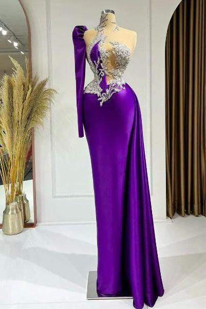 Purple Prom Dresses, Beaded Applique Prom Dresses, High Neck Evening Dresses, Abendkleider 2023, 2024 Fashion Party Dresses, One Shoulder Prom