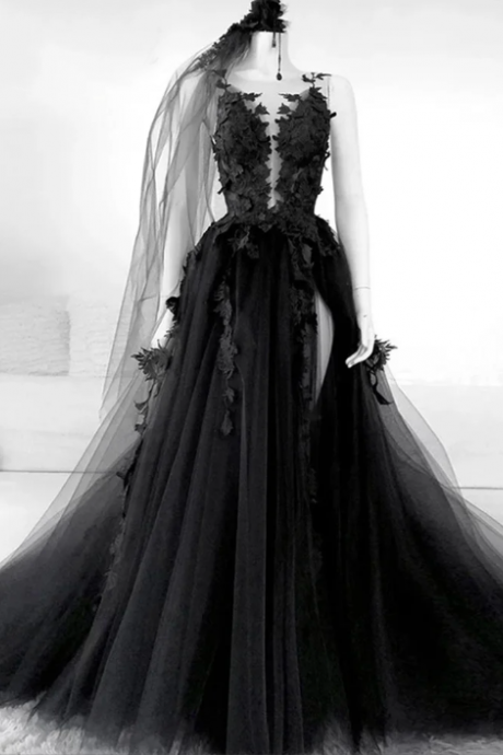 Black Prom Dresses, Lace Applique Prom Dresses, A Line Prom Dresses, Vestidos De Graduacion, Elegant Prom Dresses, Tulle Prom Dresses, Vintage