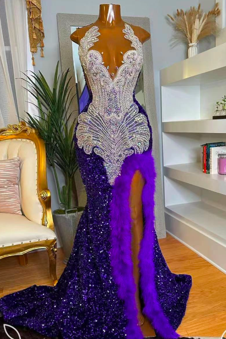 Luxury Prom Dresses, Diamonds Fashion Party Dresses, Deep Purple Prom Dresses, Feather Prom Dresses With Side Split, Formal Occasion Dresses,
