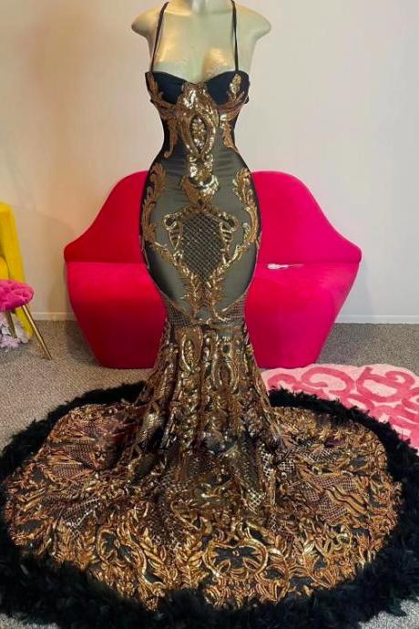 Feather Prom Dresses, Vintage Prom Dresses, Black And Gold Prom Dresses, Luxury Evening Dresses, Spaghetti Straps Formal Dresses, Mermaid Evening