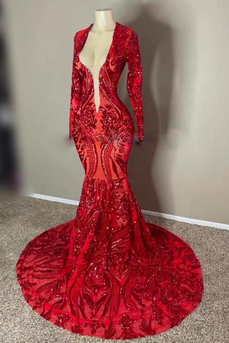 Red Prom Dresses, Sparkly Prom Dresses, Modest Evening Dresses, Long Sleeve Elegant Formal Gown, Abendkleider 2024, Sequin Applique Prom Dresses,