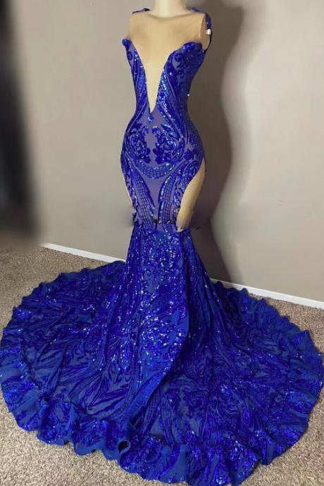 Royal Blue Prom Dresses, Sequin Applique Prom Dresses, Elegant Evening Dresses, Fashion Party Dresses, Vestidos De Gala, Mermaid Prom Dresses,