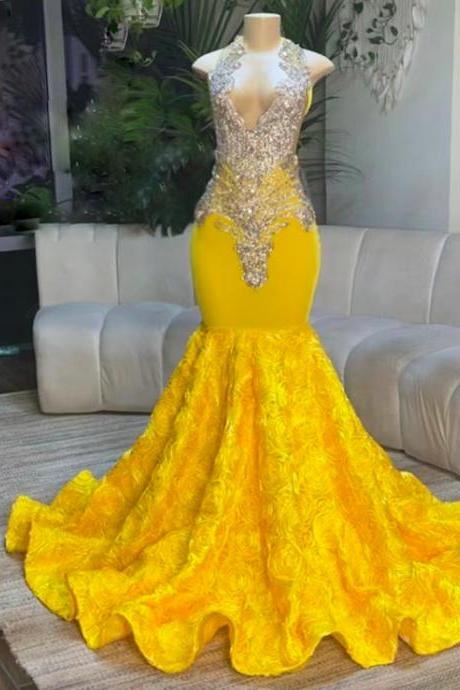 Halter Yellow Prom Dresses 2024, Custom Luxury Birthday Party Dresses For Women, Fashion Prom Dresses, Floral Elegant Formal Occasion Dresses,