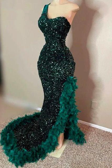 Feather Prom Dresses, Olive Green Prom Dresses, Sparkly Prom Dresses, Robes De Soiree, Glitter Evening Dresses, Fashion Party Dress, One Shoulder