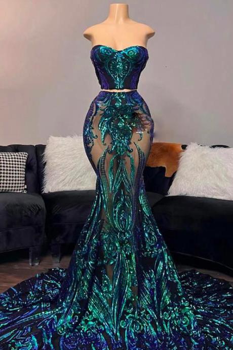 Sparkly Green Prom Dresses, 2 Pieces Prom Dresses, Sweetheart Neck Evening Dresses, Glitter Sequin Applique Evening Dresses, Fashion Custom Party