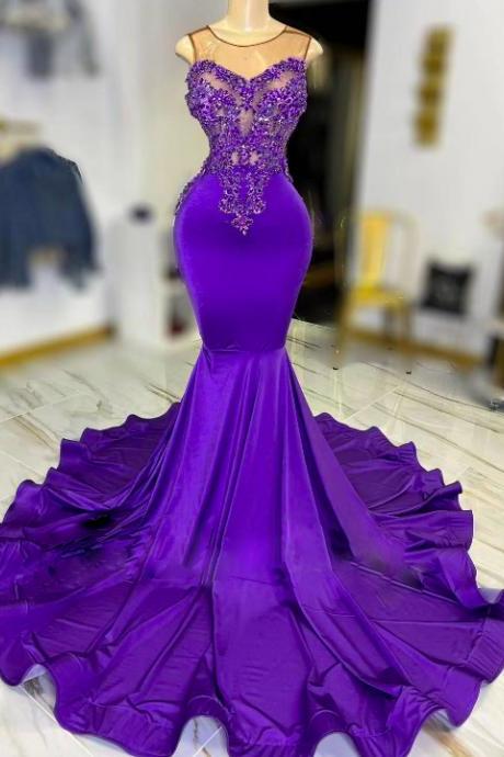 Purple Prom Dresses, Mermaid Evening Dress, Sleeveless Prom Dresses, Lace Applique Formal Occasion Dresses, Beaded Prom Dresses, Vestidos De