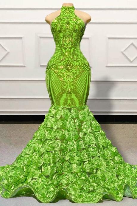 Green Prom Dresses, Floral Prom Dresses, High Neck Prom Dresses, Elegant Formal Dresses, Fashion Party Dresses, 2024 Formal Occasion Dresses,