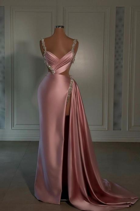 Elegant Prom Dresses, Pink Prom Dresses, Vestidos De Fiesta, Beaded Evening Dresses, Fashion Party Dresses With Side Split, Simple Formal