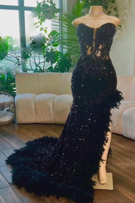 Fashion Sexy Prom Dresses, Black Prom Dresses, Feather Prom Dresses, Sparkly Evening Dresses, Sweetheart Neck Formal Dresses, Beaded Prom