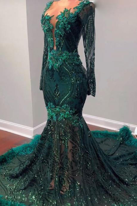 Emerald Green Prom Dresses, Long Sleeve Prom Dresses, Sparkly Applique Prom Dresses, Modest Evening Dresses, Vestidos De Fiesta, Elegant Formal