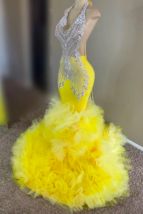 Yellow Prom Dresses, Diamonds Party Dresses, Luxury Birthday Party Dresses, Elegant Prom Dresses, Evening Gown For Women, Crystals Evening Dress,