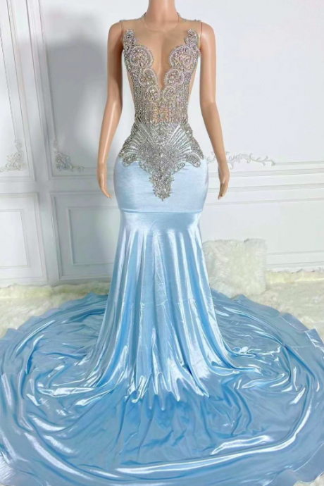 Diamonds Custom Prom Dresses, Luxury Prom Dresses, Blue Evening Dress, Vestidos Para Mujer, Crystals Formal Occasion Dress, Fashion Party